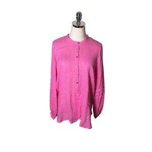 Click CMC Top Women's Size Large Pink Button Up Long Sleeve 100% Linen